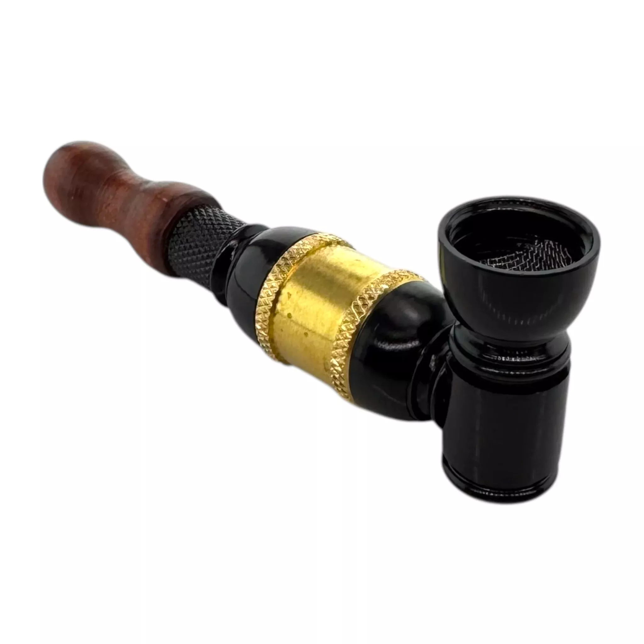 Metal Smoking Pipe Black And Gold Large Chamber Hand Pipe With Wood Mouthpiece