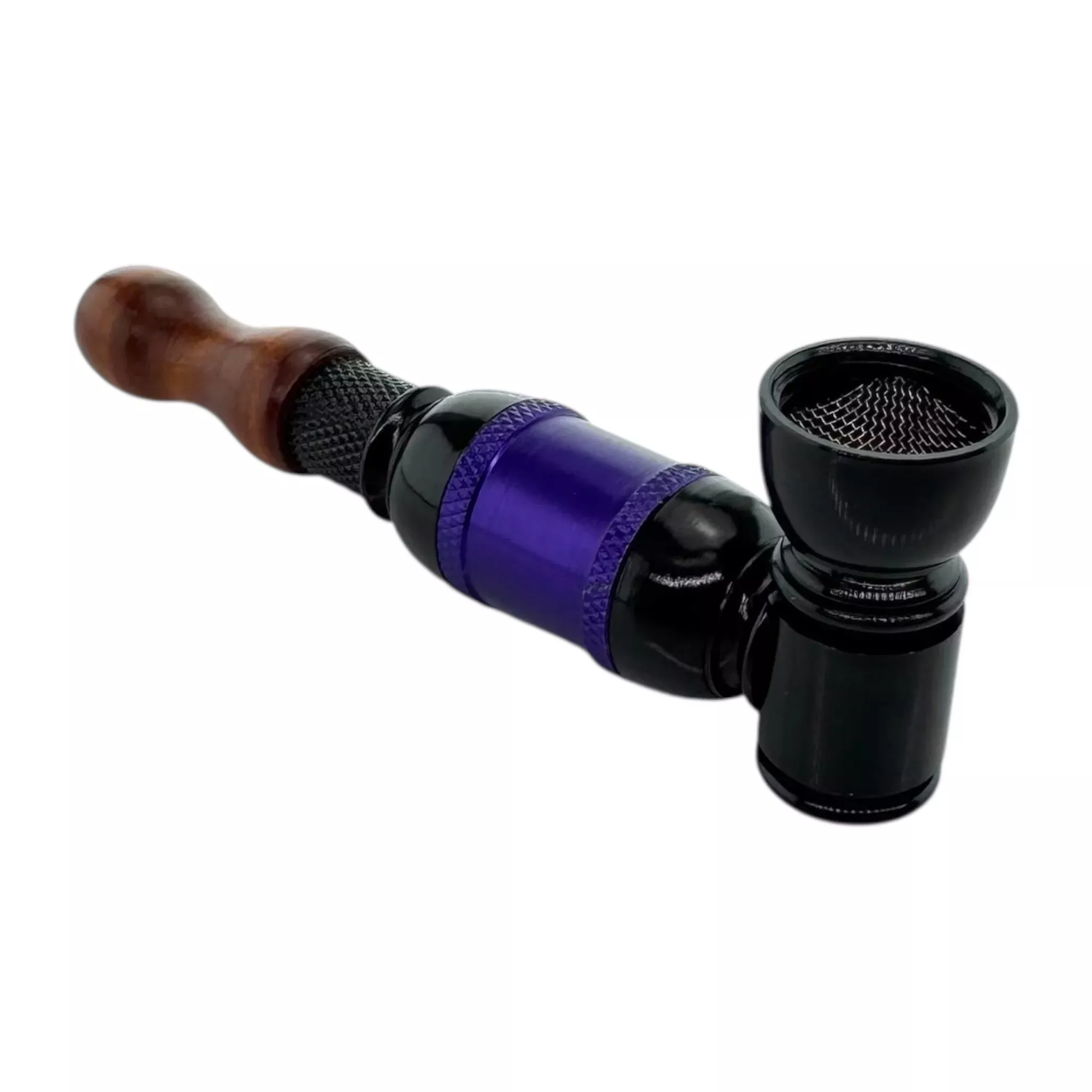 Metal Smoking Pipe Black And Purple Large Chamber Hand Pipe With Wood Mouthpiece