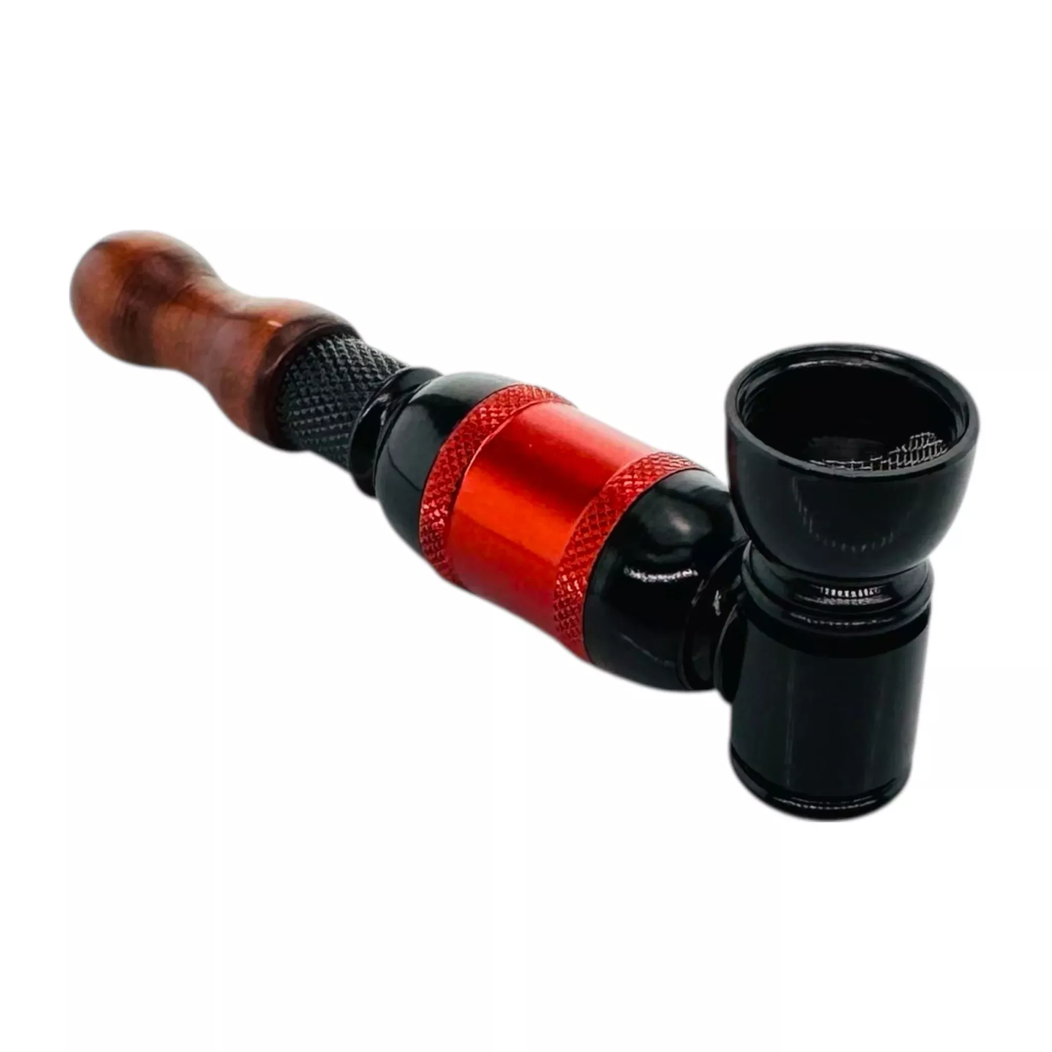 Metal Smoking Pipe Black And Red Large Chamber Hand Pipe With Wood Mouthpiece