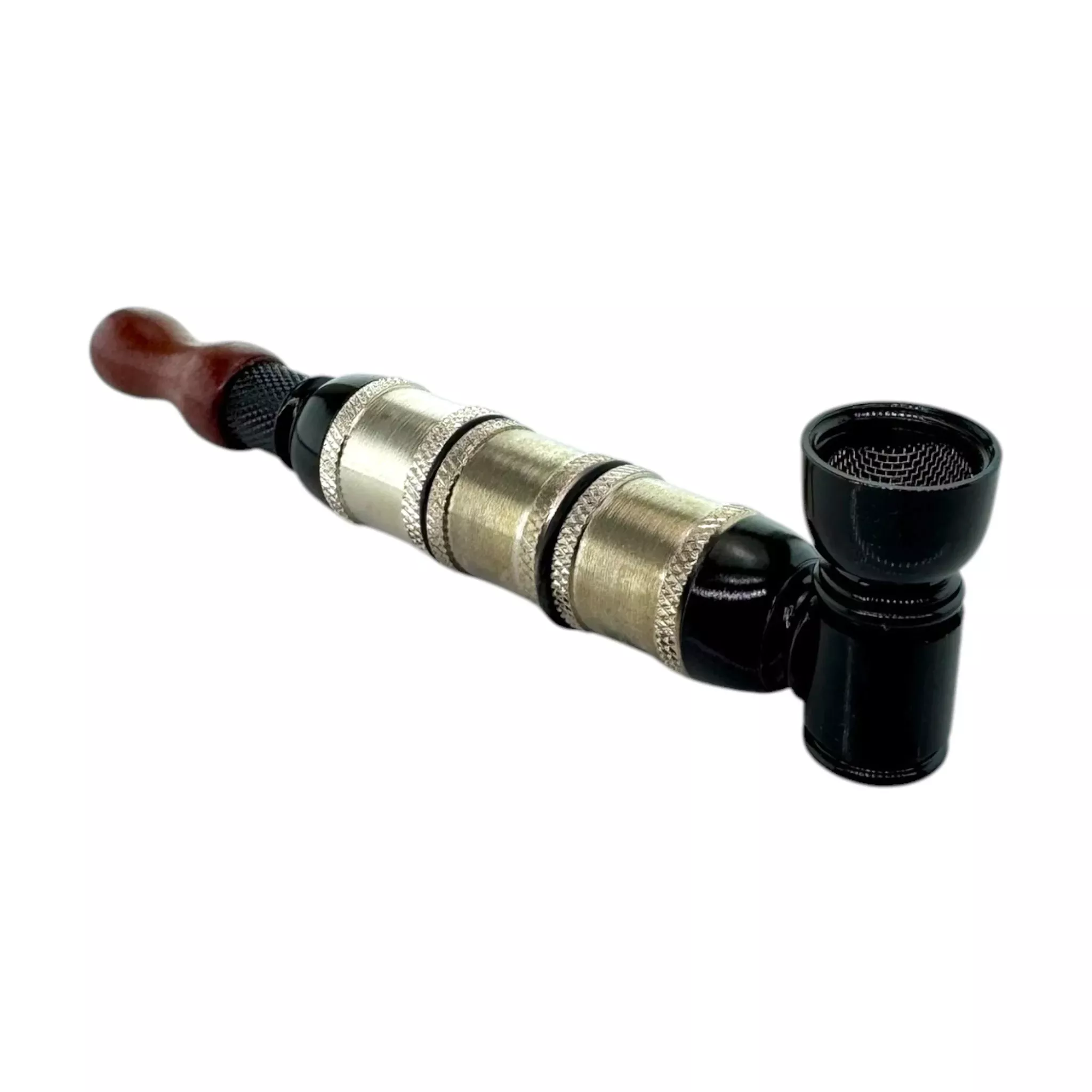 Metal Smoking Pipe Black And Silver Extra Extended Large Chamber Hand Pipe With Wood Mouthpiece