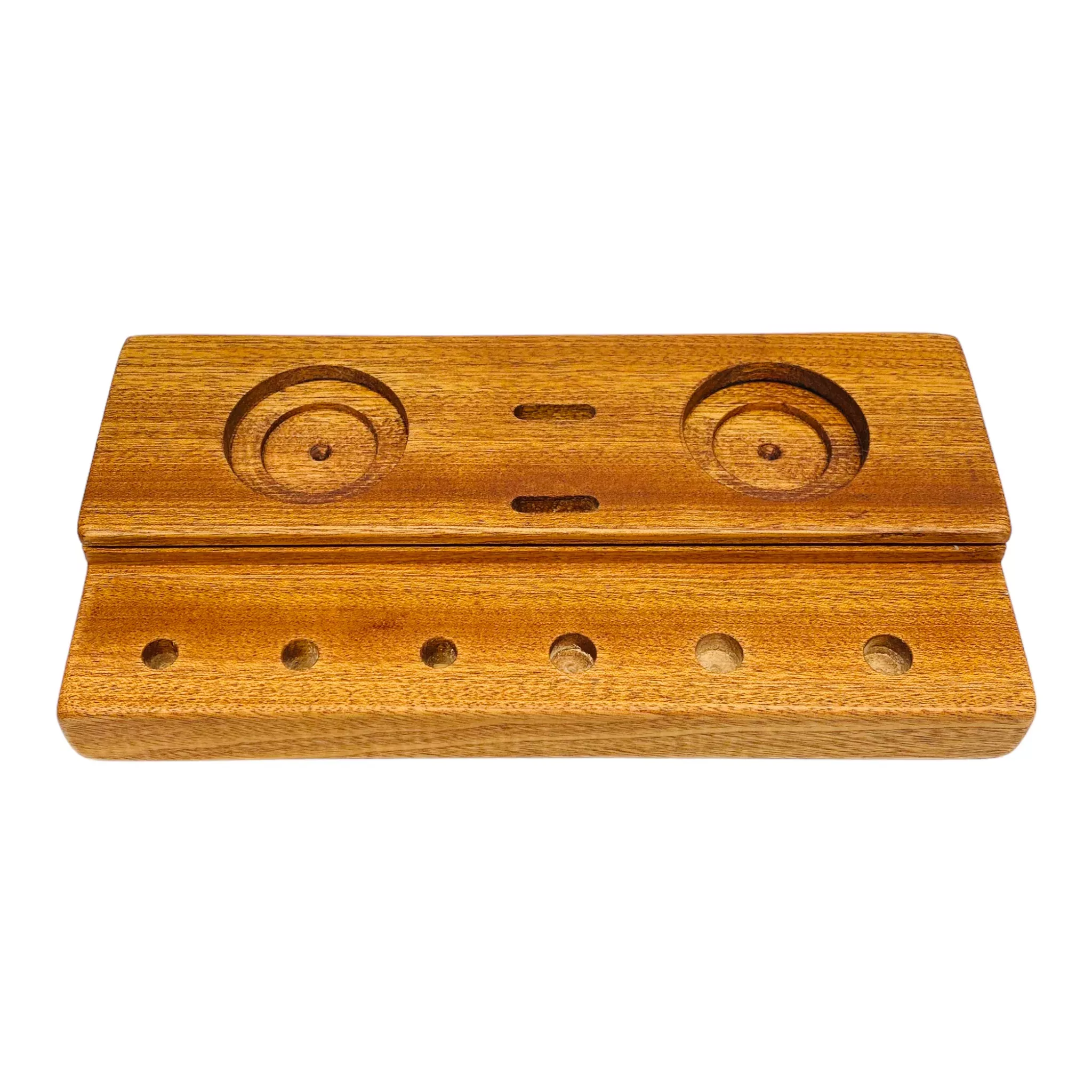 Multi Hole Wood Dab Station And Display Stand Holder For 10mm And 14mm Bong Bowl Pieces Or Quartz Bangers - Mahogany