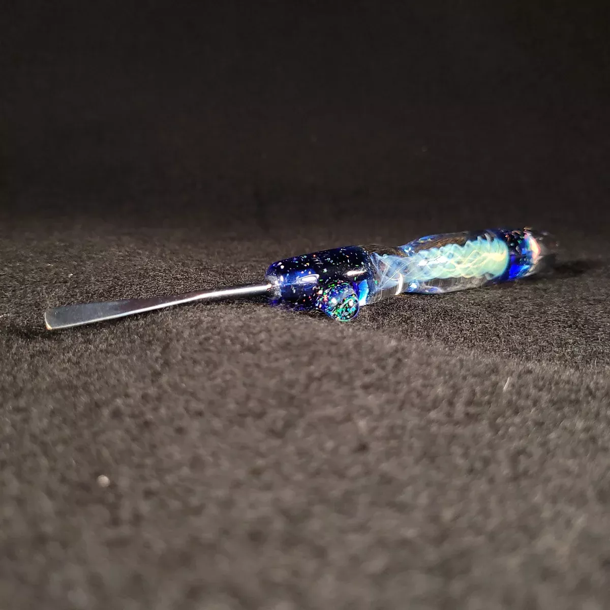 No Brakes Glass - Titanium Tip - Glass Handle Fumed Dab Tool (Faceted Dark Blue Crushed Opal + Encased Opal)