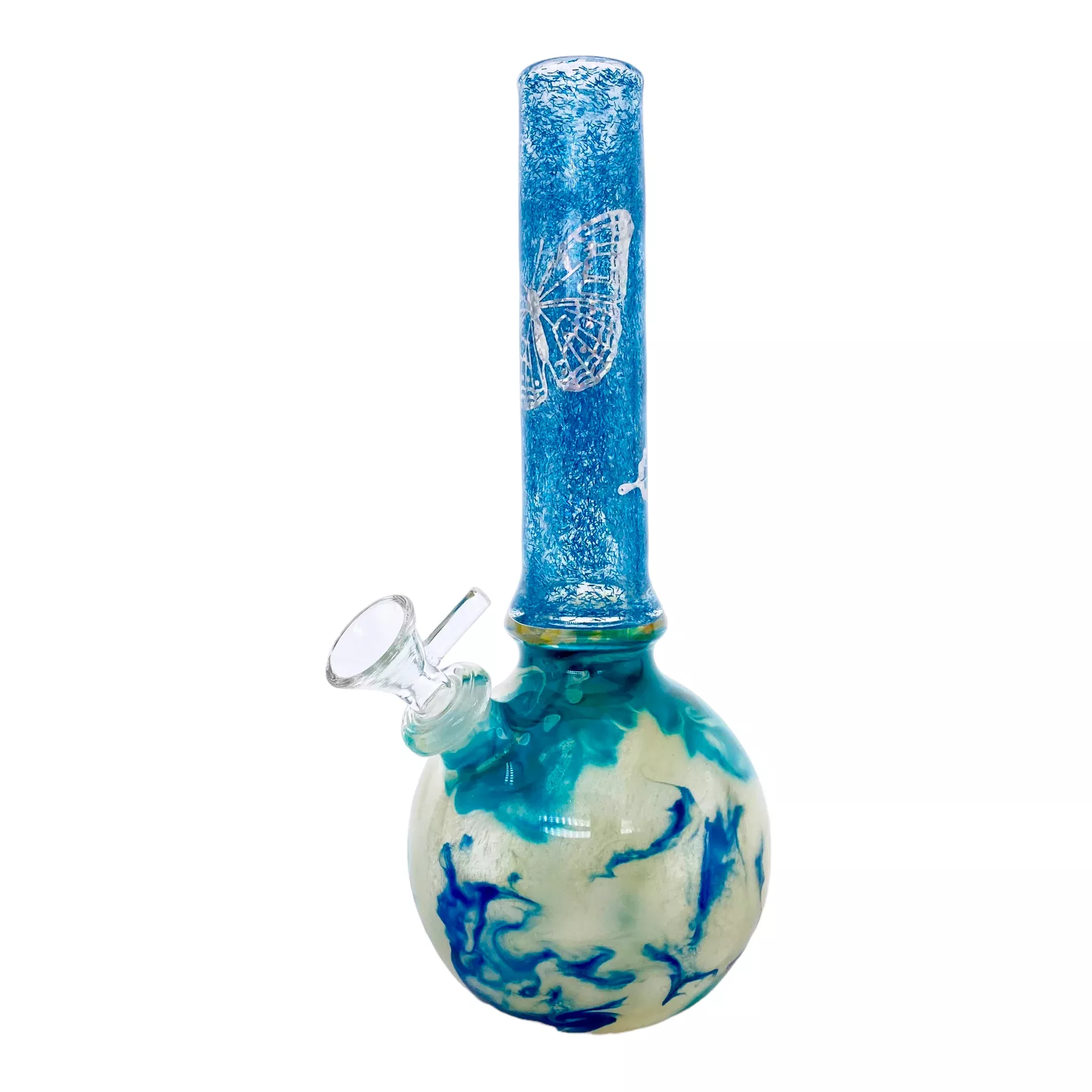 Oregon Blown Glass - Blue Glitter Butterfly Bubble Base Bong