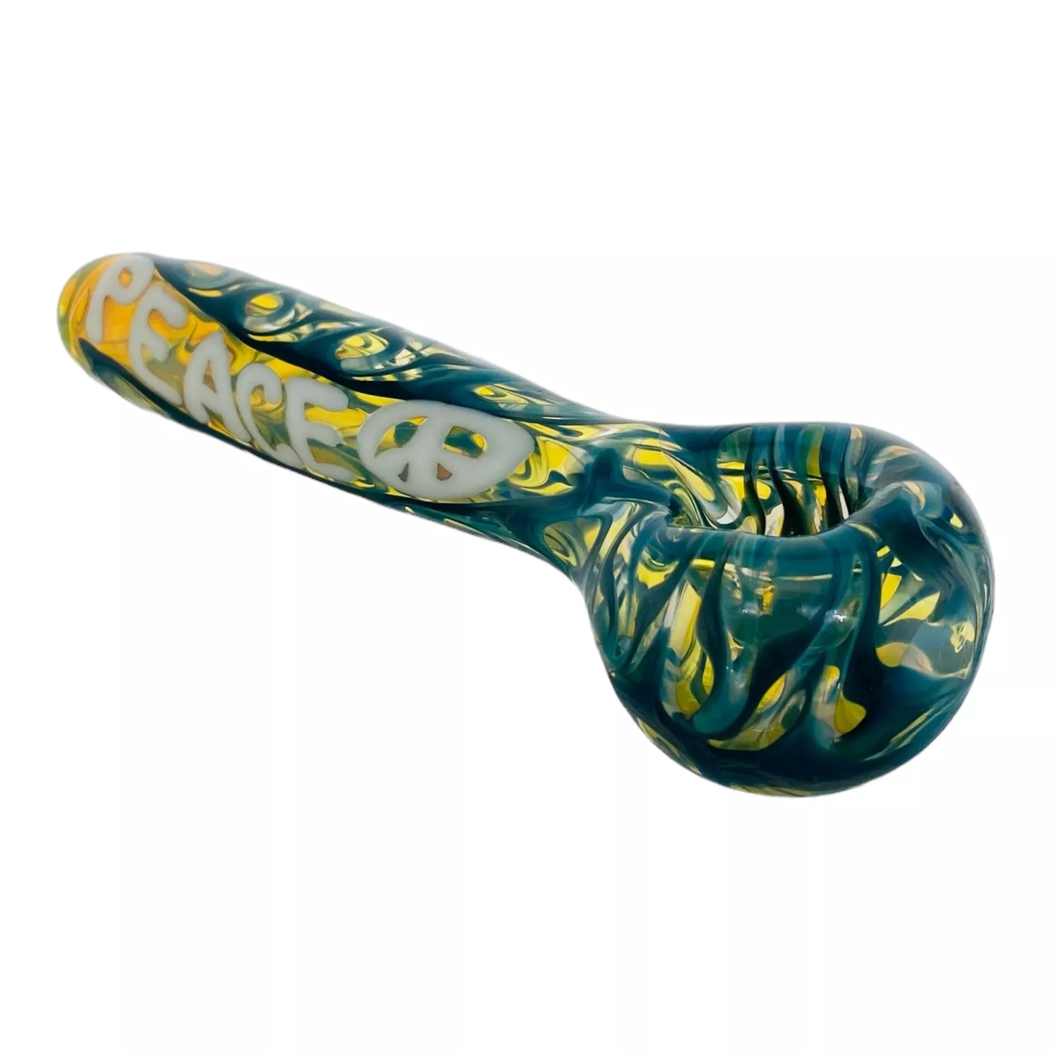 Peace Glass Hand Pipe With Teal Wrap And Rake