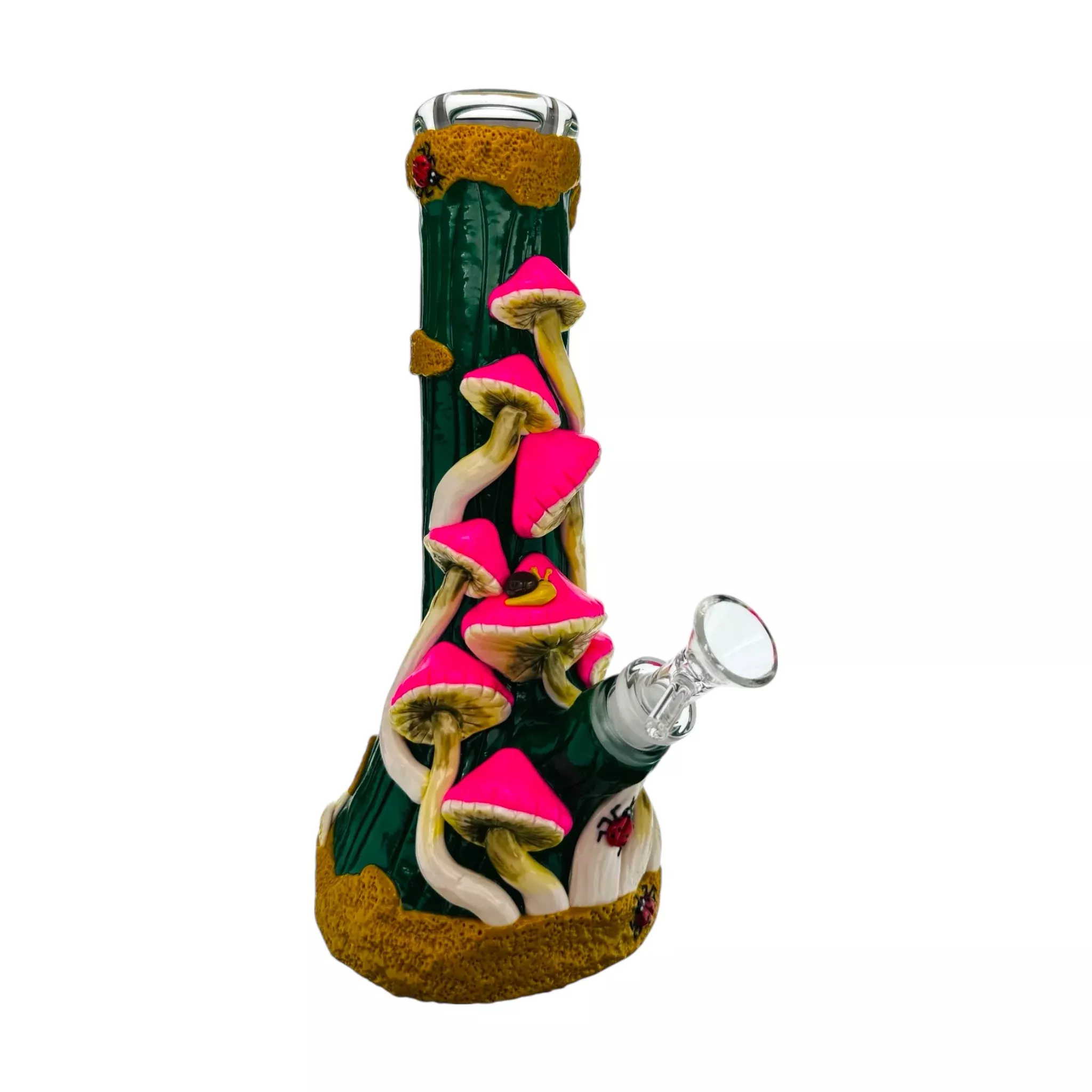Pink Mushrooms With Snails And Lady Bugs Glass Beaker Bong 10 Inches