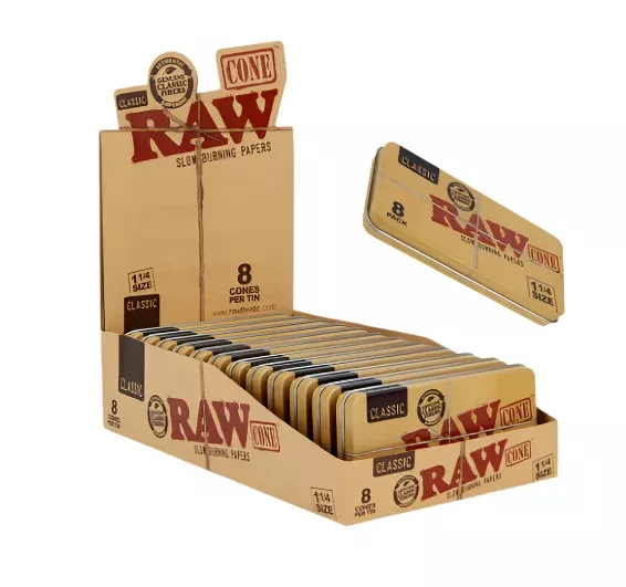 RAW 1 1/4 Cones 8 Pack Tin - 12 count Display Box