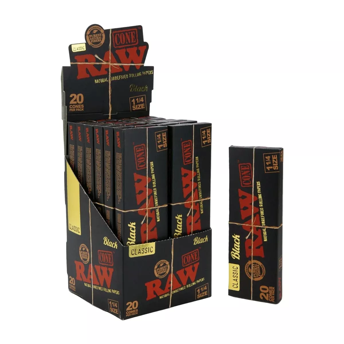 RAW Black 1 1/4 Pre-Rolled Cones – 12 Count Display Box 20pk