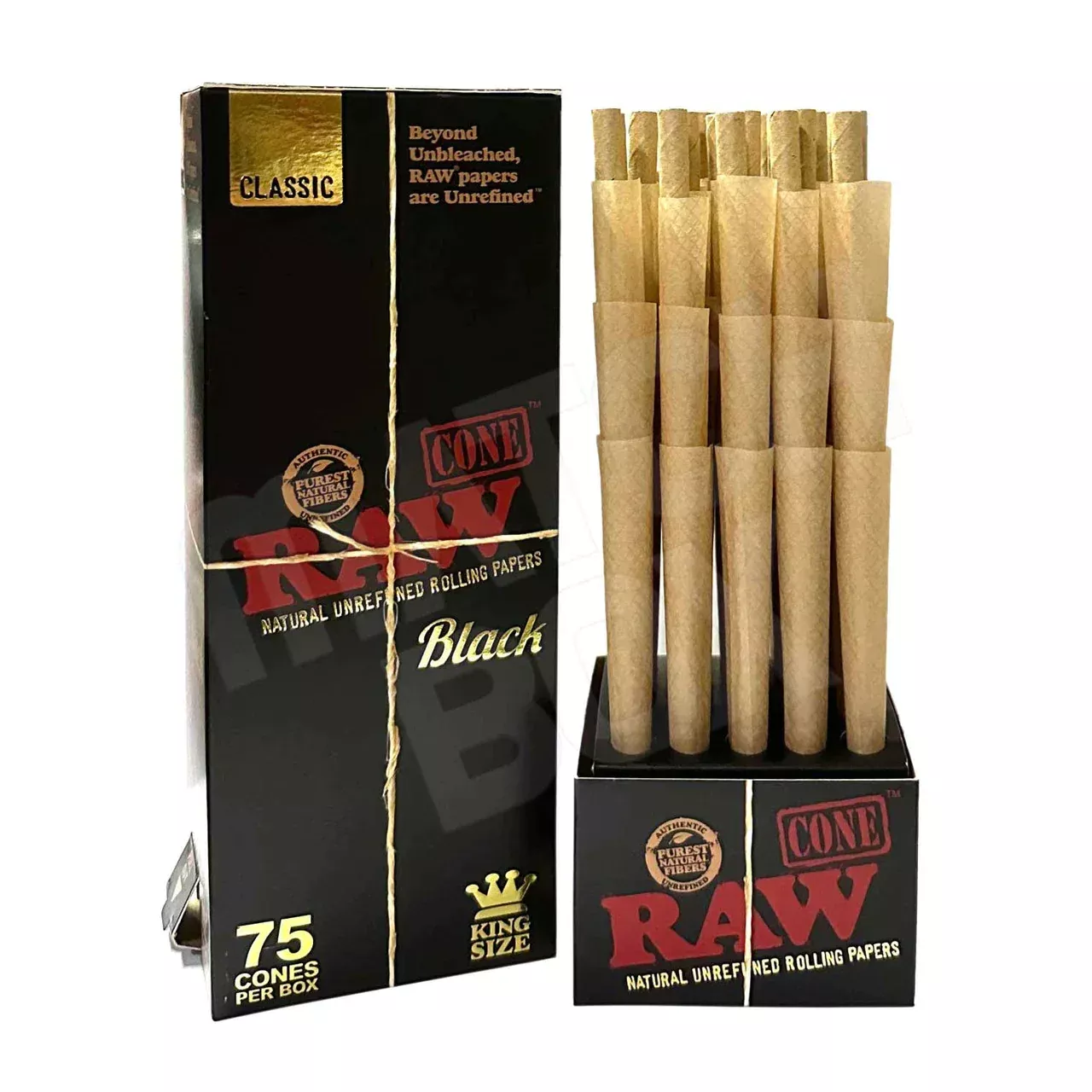 RAW Black Classic King Size Cones – 75-Count Box