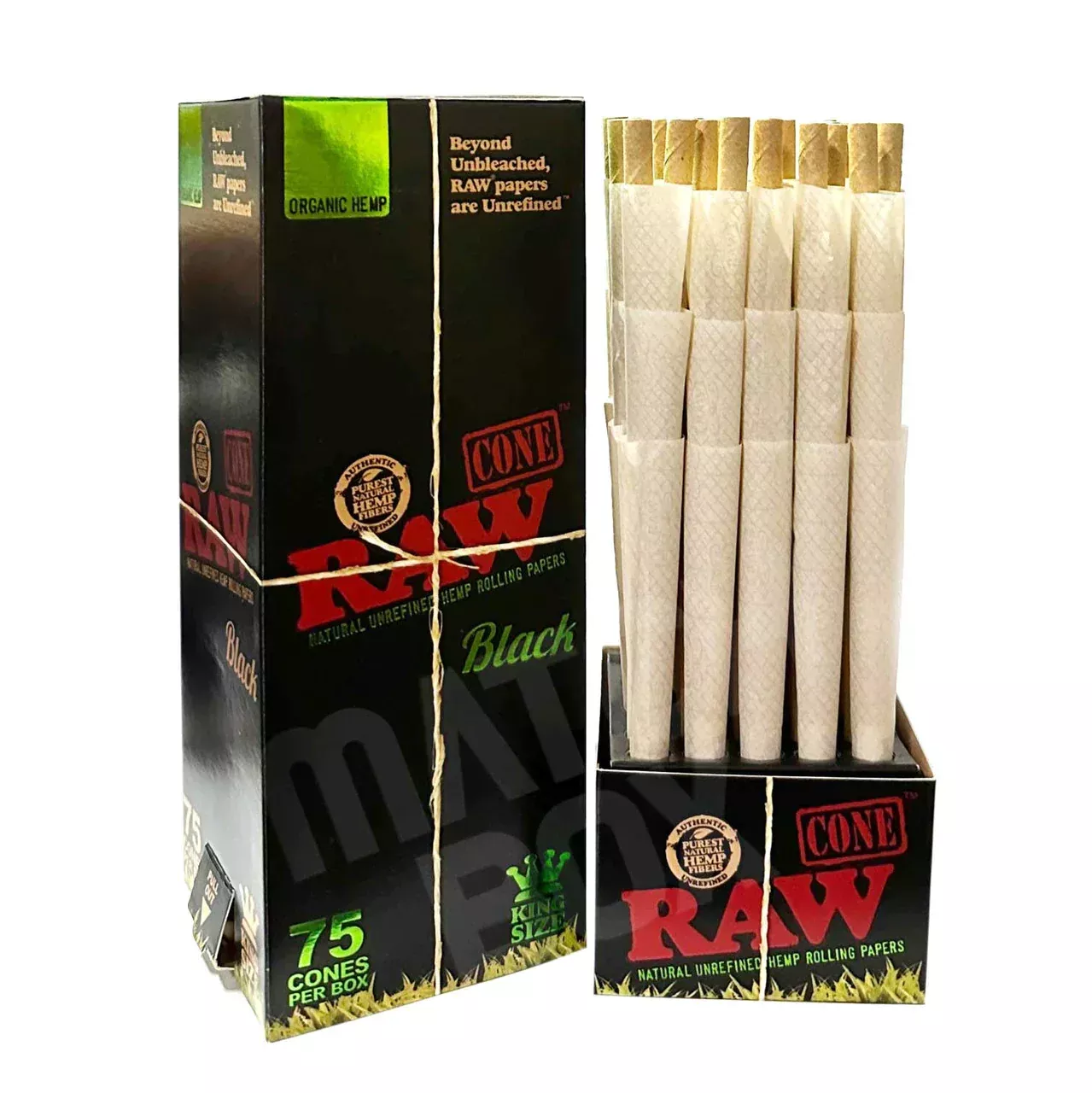 RAW Black Organic King Size Cones – 75-Count Bulk Box