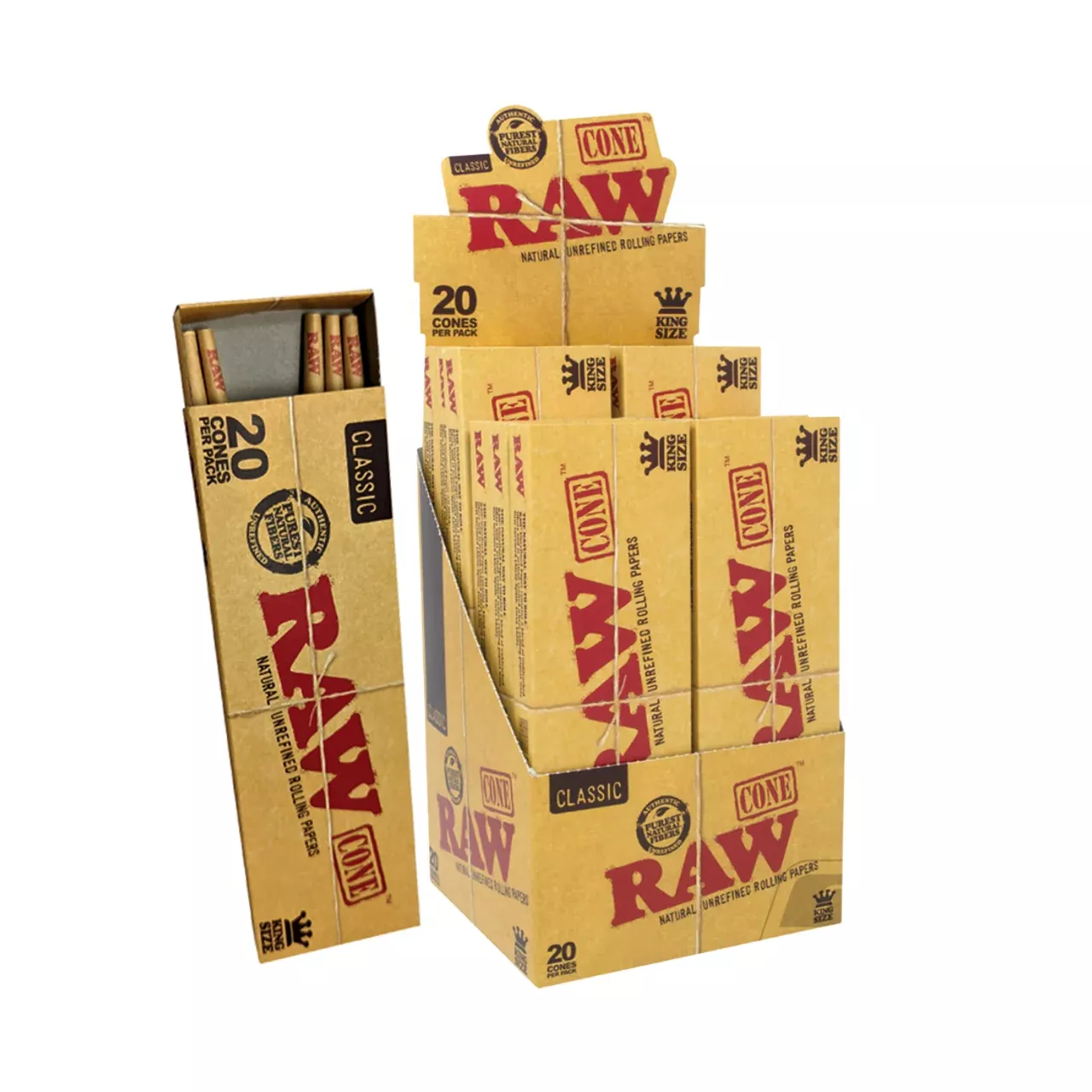 RAW Classic King Size Cones – 20-Pack Box with Packing Tool