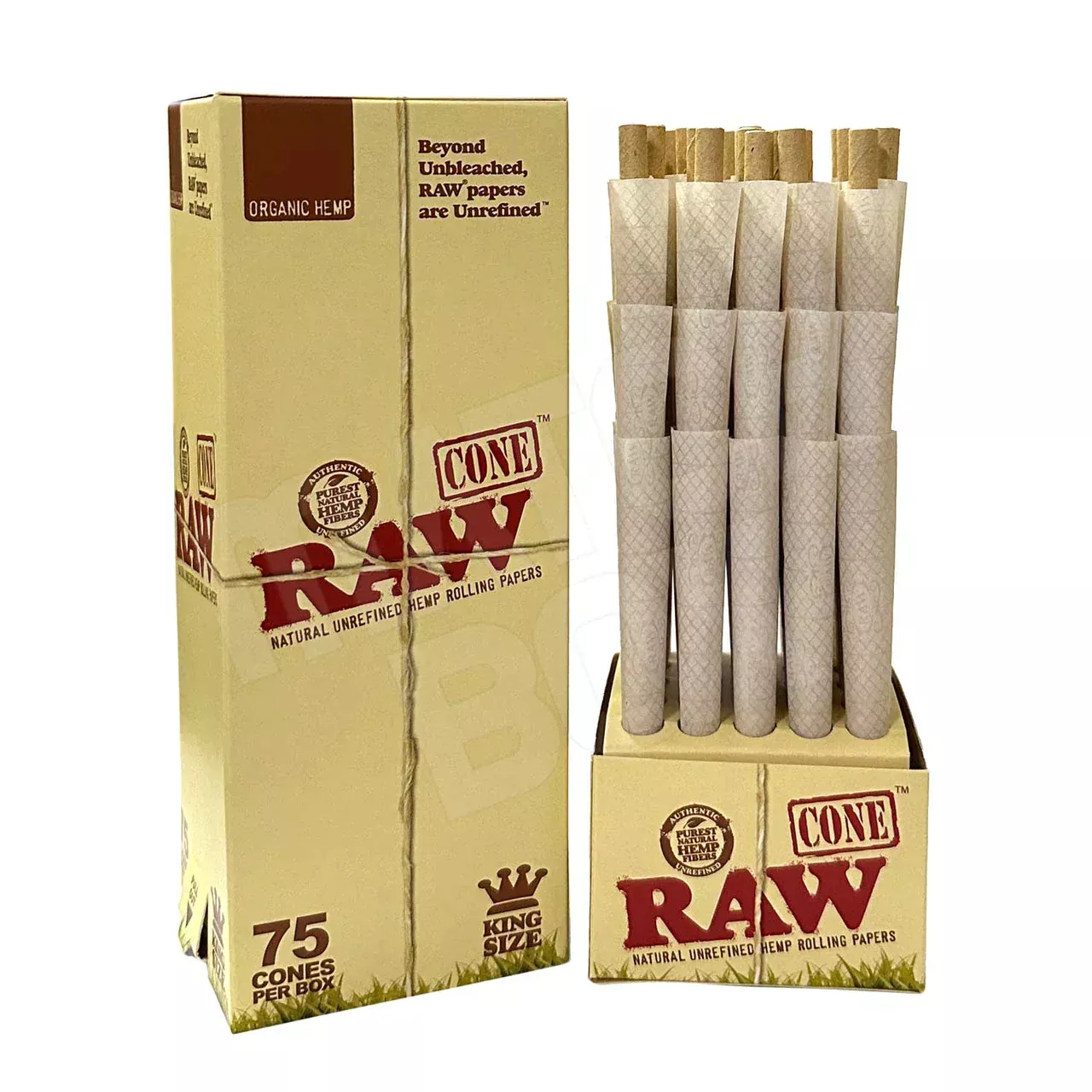 RAW Organic King Size Hemp Cones – 75-Count Bulk Box