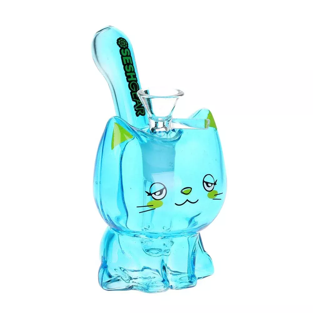SeshGear Kitty Cat Glass Water Pipe 14mm Male Slide with Handle