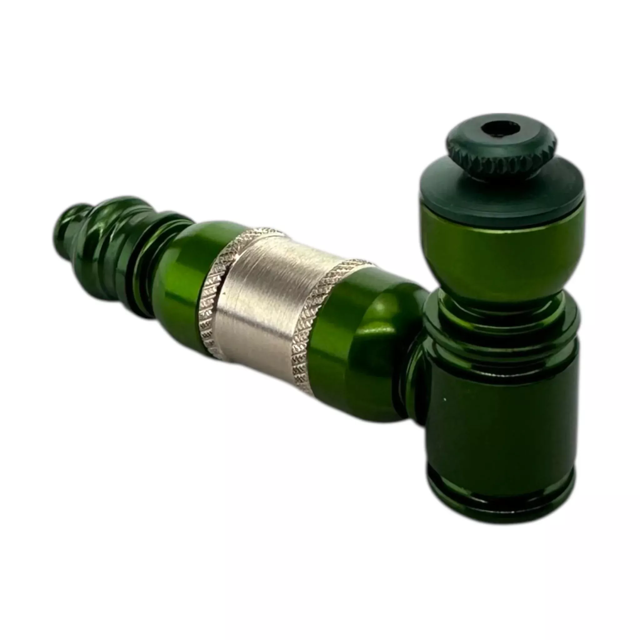 Small Green And Silver Aluminum Extended Mini Chamber Hand Pipe With Cap