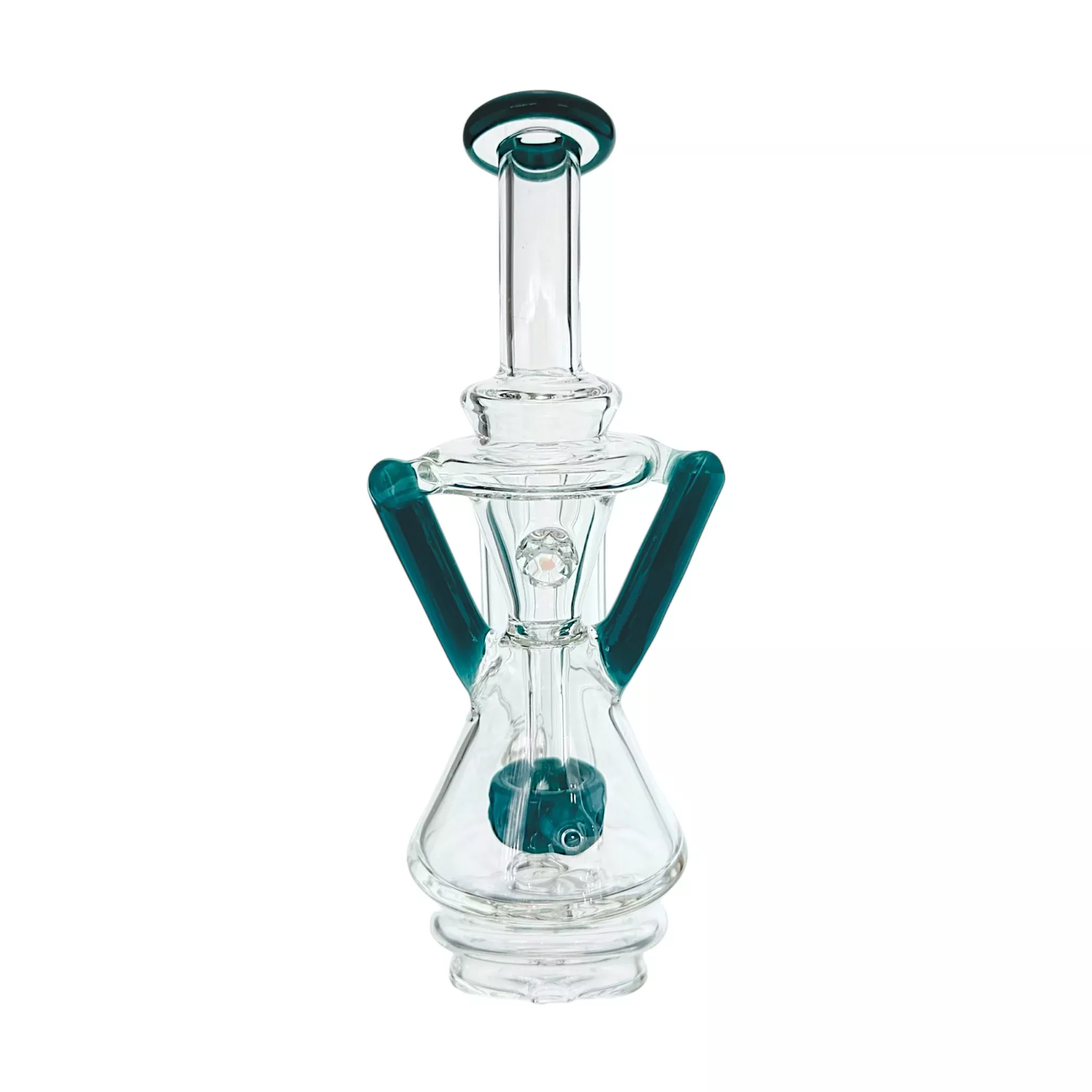 Teal Dual Uptake Glass Internal Recycler With Opal Water Attachment For Puffco Peak And Peak Pro