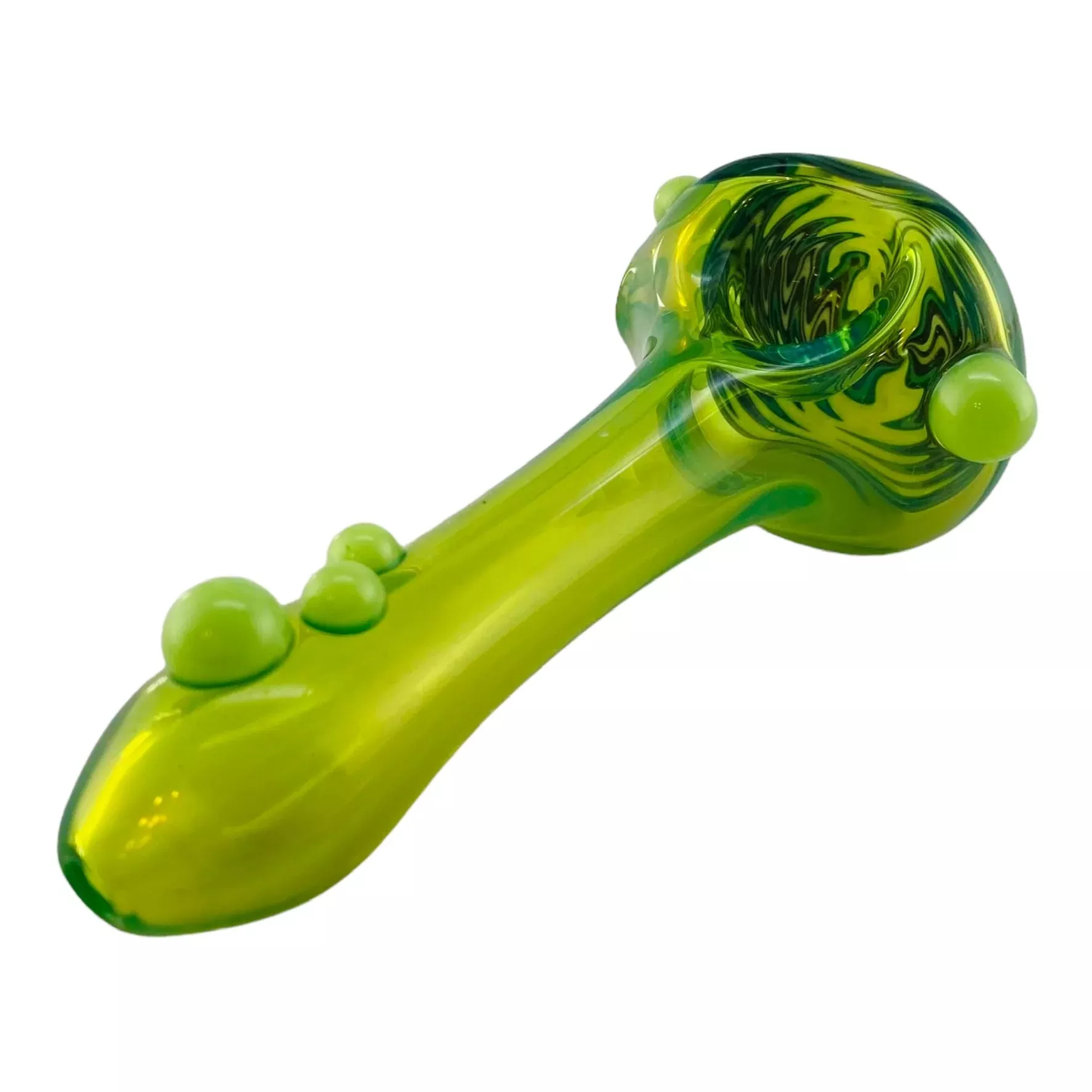 Translucent Green With Yellow/Green/Black Wig Wag End - Glass Hand Pipe