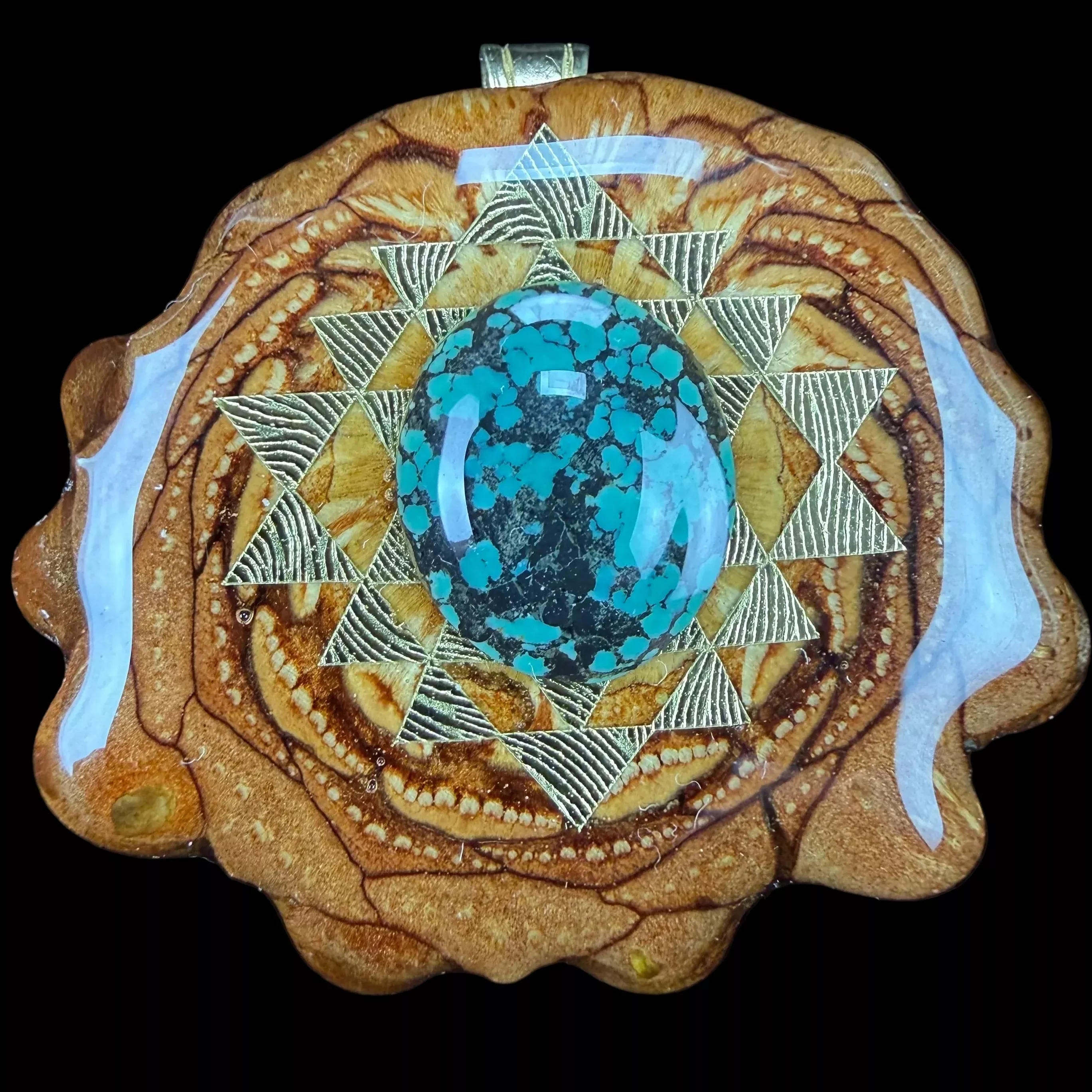 Turquoise W/ Gold Sri Yantra Pendant by Third Eye Pinecones