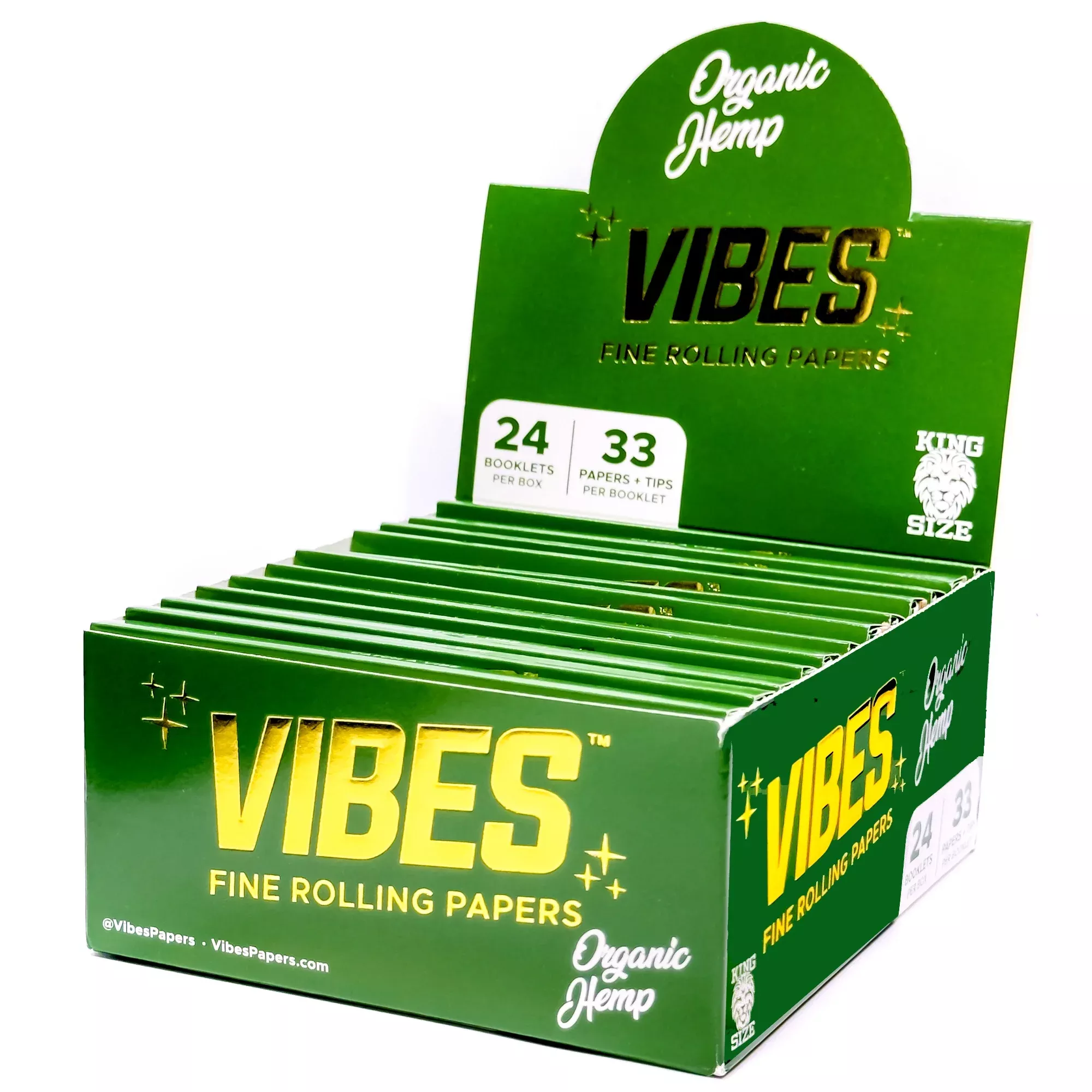 Vibes - King Size Slim Organic Hemp - 33 Paper Booklet w / Tips - 24 Pack Box