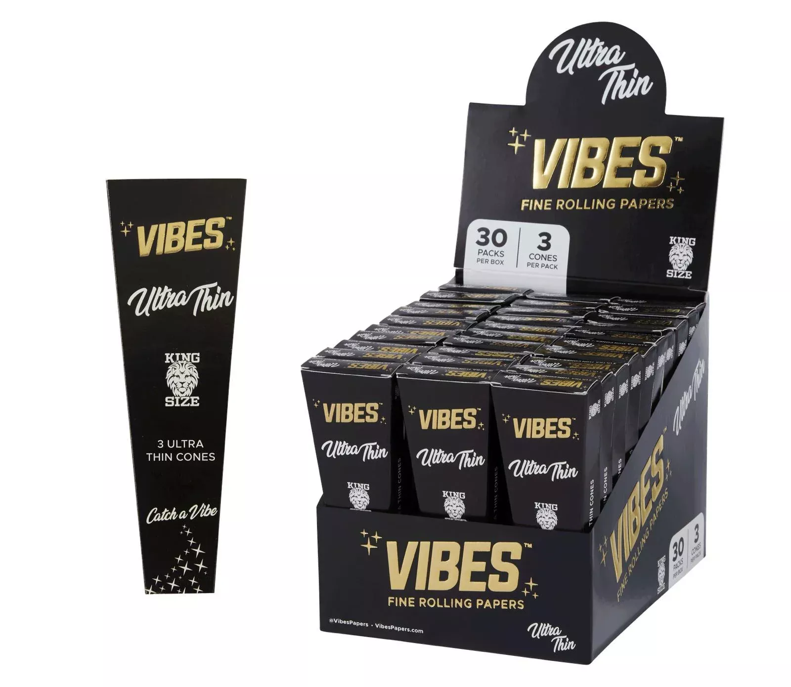 Vibes King Size Slim Ultra Thin 3-Pack Cones – 30ct Retail Display