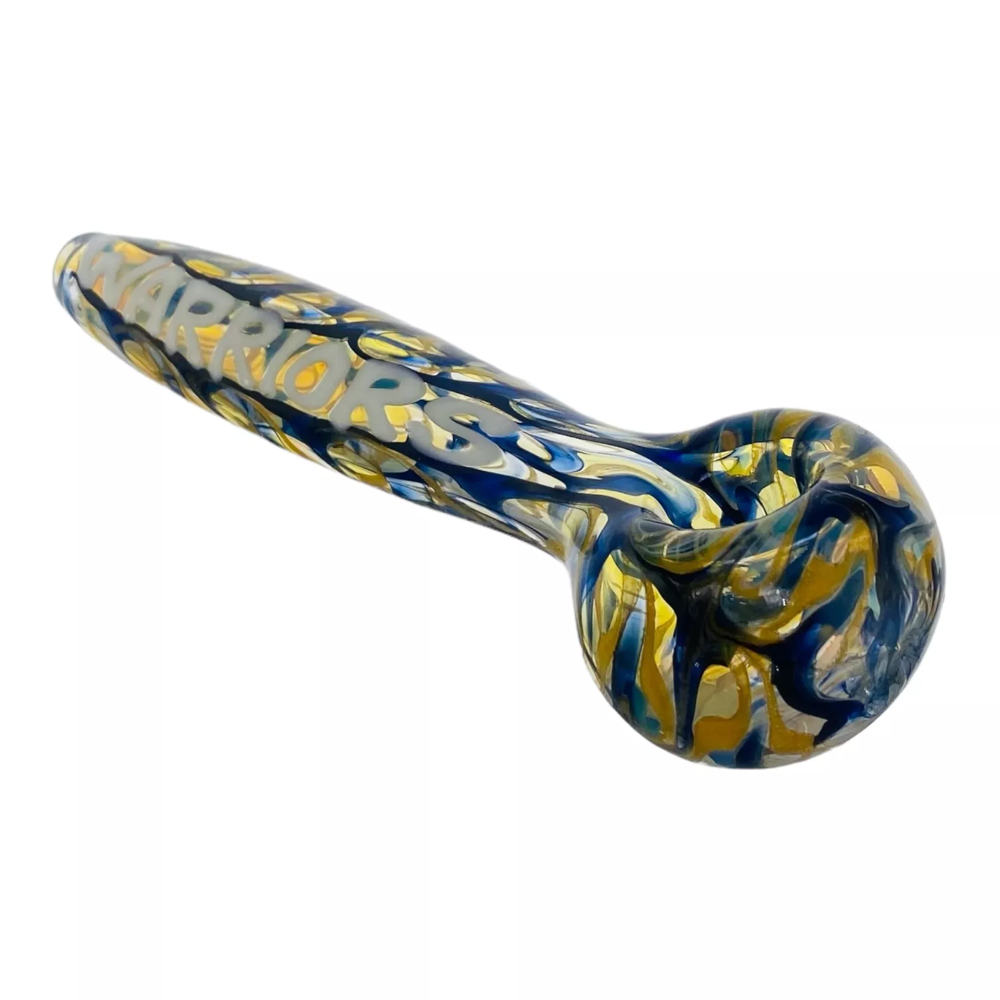 Warriors Glass Hand Pipe With Blue and Yellow Wrap And Rake
