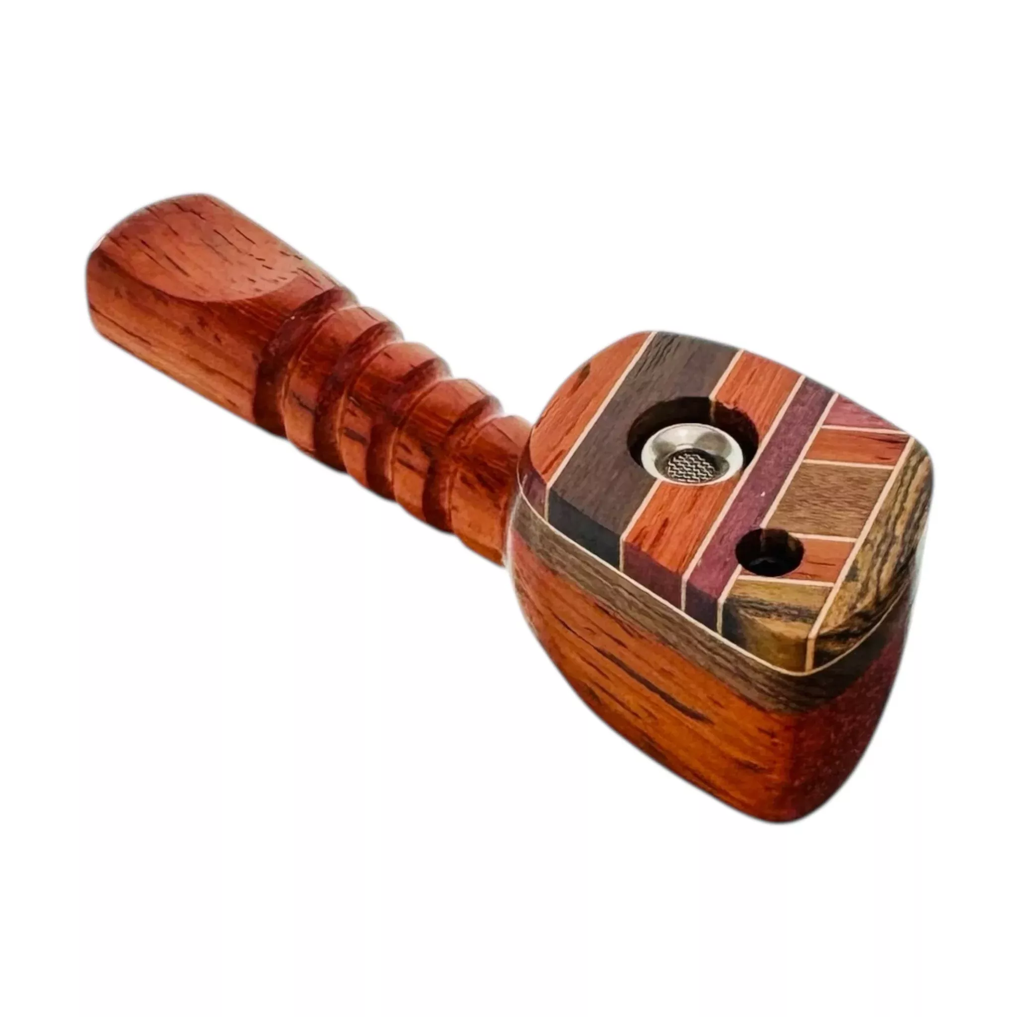 Wood Hand Pipe - 4.75" Hand Pipe With Diagonal Wood Inlay With Swiveling Lid Cap With Vent