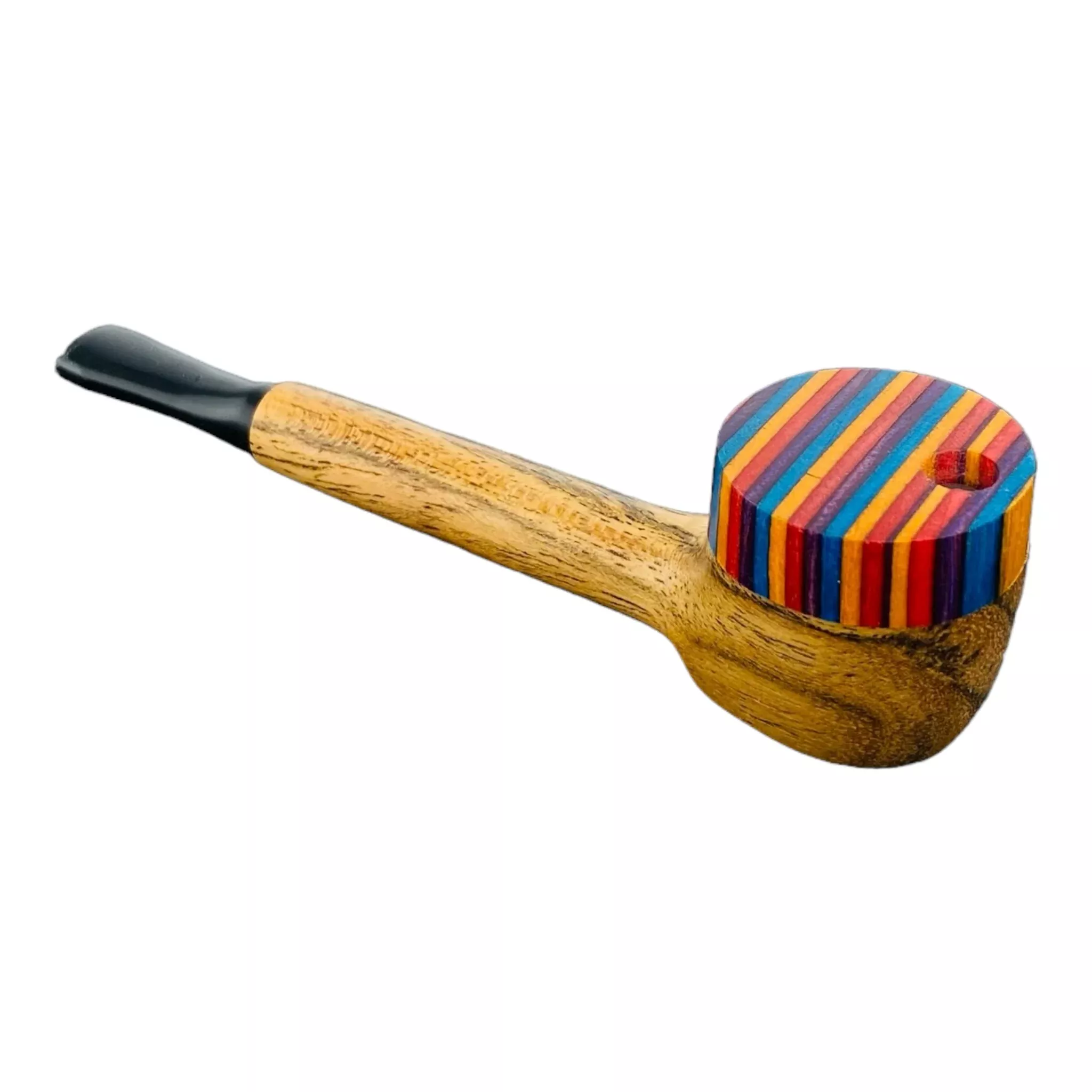 Wood Hand Pipe - Slender Stem With Multi Colored Lid And Plastic Mouthpiece