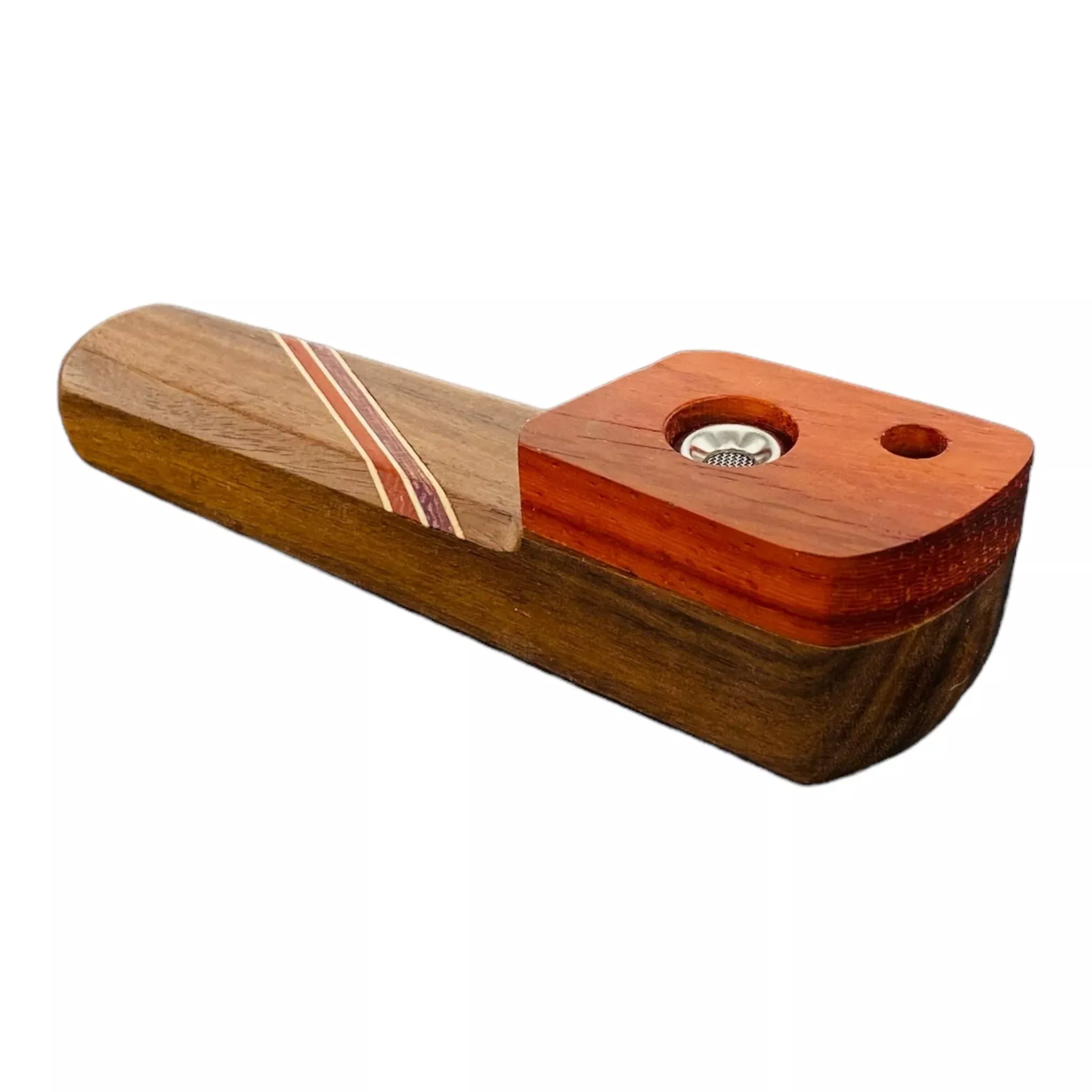 Wood Hand Pipe - Tombstone Hand Pipe With Diagonal Wood Inlay And Lid With Vent