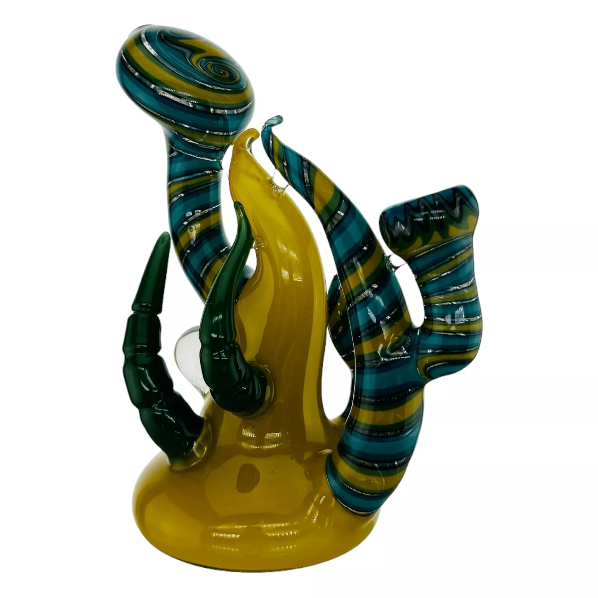 Yellow Large Glass Hand Pipe Bubbler With Blue Linework And Green Horns